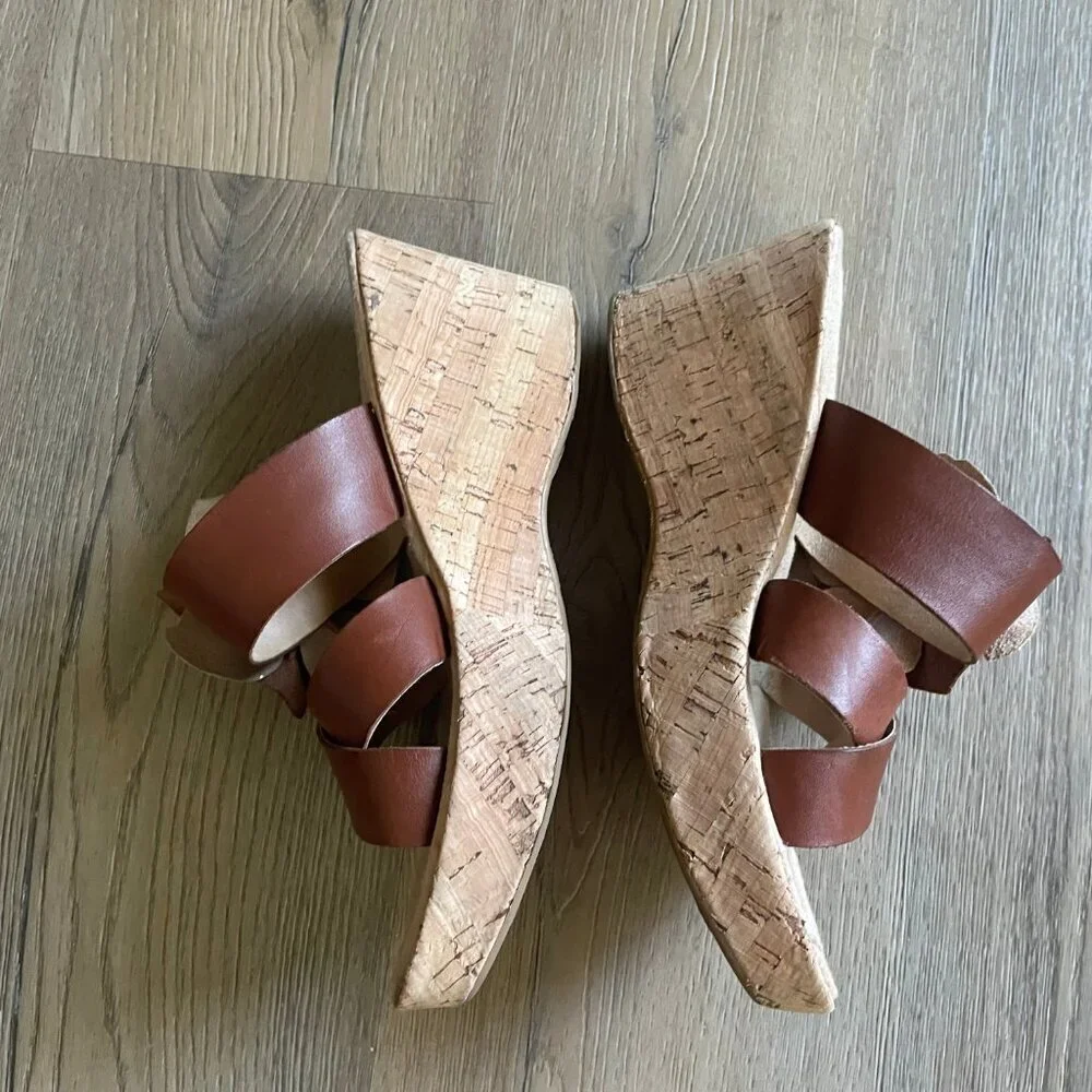 Korks Rosette Cork Wedge Sandals Leather Flower Women's 8 Y2K Summer Brown! - Picture 5 of 8